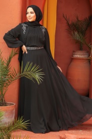Tesettürlü Abiye Elbise - Drape Detaylı Siyah Tesettür Abiye Elbise 25879S - Thumbnail