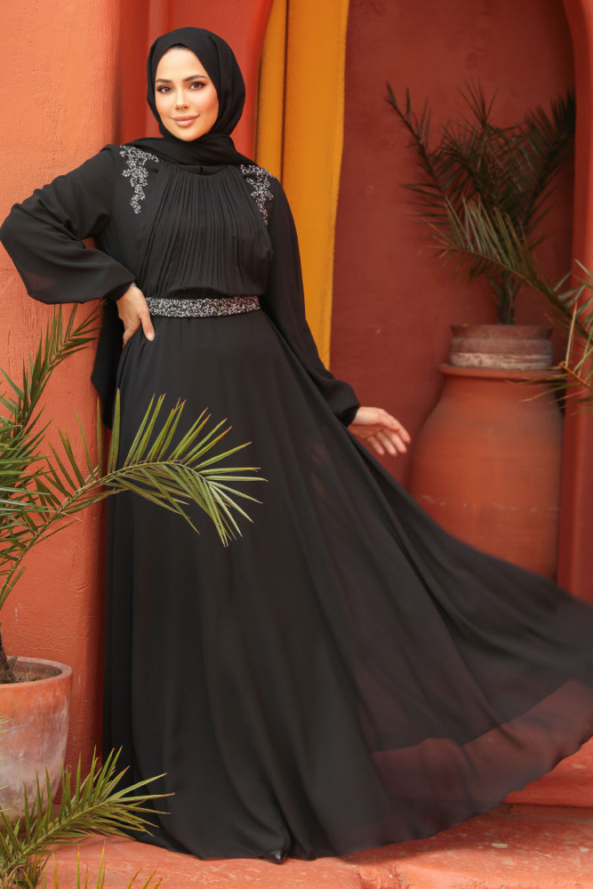 Tesettürlü Abiye Elbise - Drape Detaylı Siyah Tesettür Abiye Elbise 25879S - 1