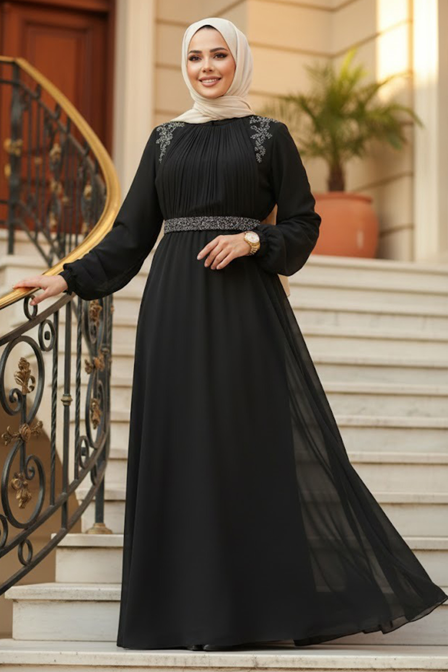 Tesettürlü Abiye Elbise - Drape Detaylı Siyah Tesettür Abiye Elbise 25879S