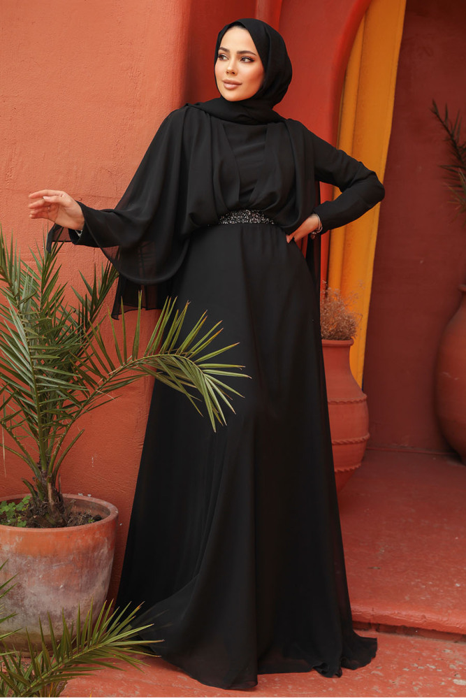 Tesettürlü Abiye Elbise - Drape Detaylı Siyah Tesettür Abiye Elbise 25891S - 2