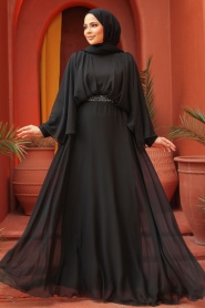 Tesettürlü Abiye Elbise - Drape Detaylı Siyah Tesettür Abiye Elbise 25891S - Thumbnail