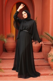Tesettürlü Abiye Elbise - Drape Detaylı Siyah Tesettür Abiye Elbise 25891S - Thumbnail