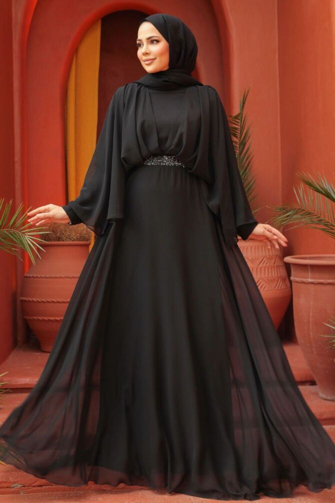 Tesettürlü Abiye Elbise - Drape Detaylı Siyah Tesettür Abiye Elbise 25891S - 1