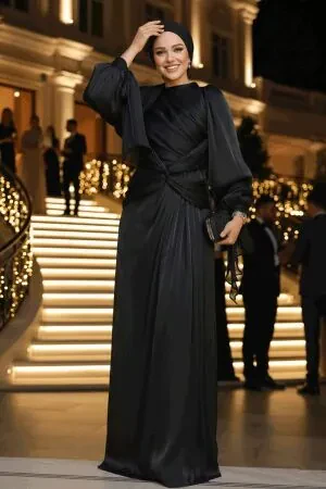 Tesettürlü Abiye Elbise - Drape Detaylı Siyah Tesettür Abiye Elbise 47261S 
