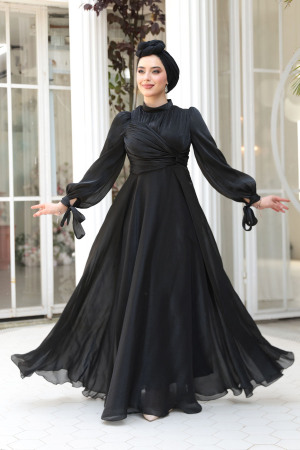 Tesettürlü Abiye Elbise - Drape Detaylı Siyah Tesettür Abiye Elbise 4823S 