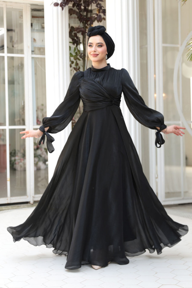 Tesettürlü Abiye Elbise - Drape Detaylı Siyah Tesettür Abiye Elbise 4823S - 1