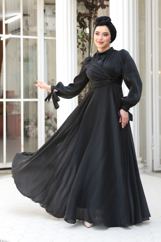 Tesettürlü Abiye Elbise - Drape Detaylı Siyah Tesettür Abiye Elbise 4823S - 2