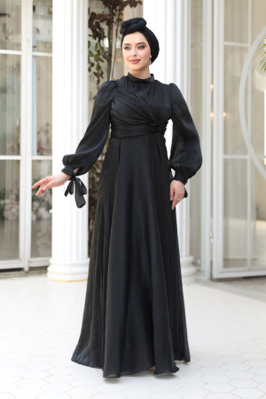Tesettürlü Abiye Elbise - Drape Detaylı Siyah Tesettür Abiye Elbise 4823S - 3