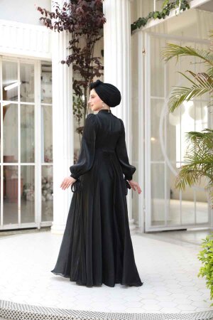 Tesettürlü Abiye Elbise - Drape Detaylı Siyah Tesettür Abiye Elbise 4823S - 4