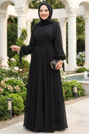 Tesettürlü Abiye Elbise - Drape Detaylı Siyah Tesettür Abiye Elbise 4823S 