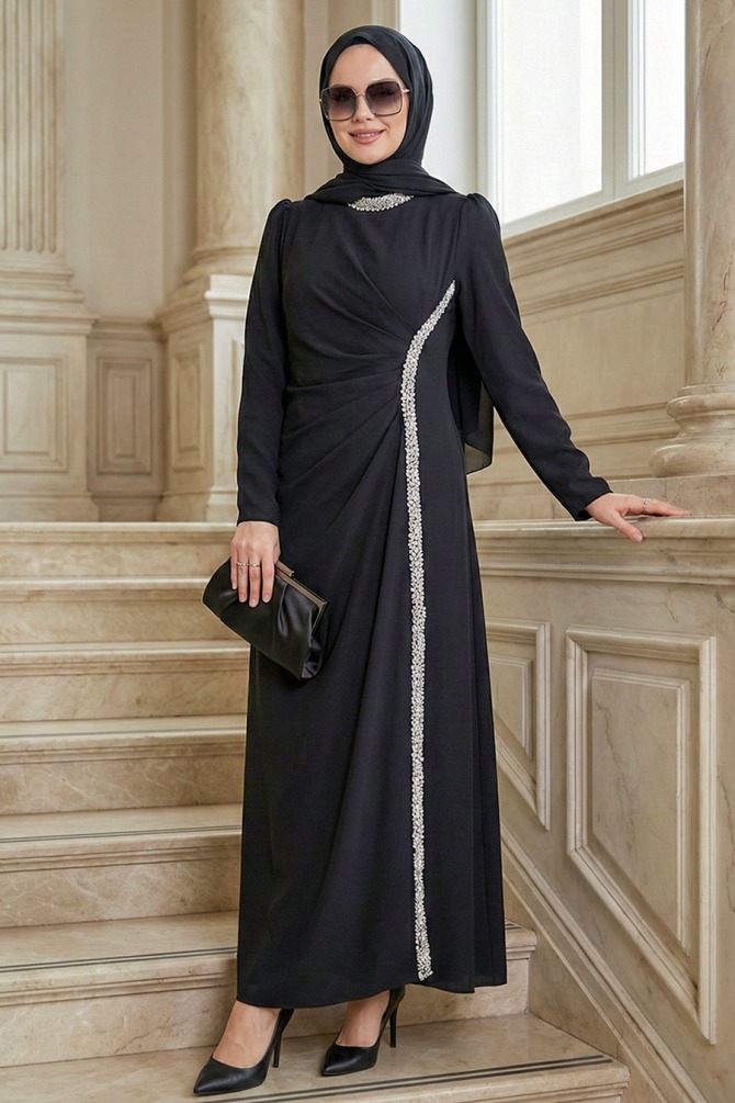 Tesettürlü Abiye Elbise - Drape Detaylı Siyah Tesettür Abiye Elbise 48561S - N.S NEVA STYLE