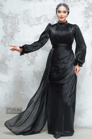 Tesettürlü Abiye Elbise - Drape Detaylı Siyah Tesettür Abiye Elbise 4934S - 1