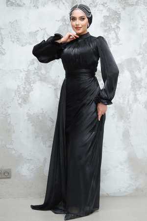 Tesettürlü Abiye Elbise - Drape Detaylı Siyah Tesettür Abiye Elbise 4934S - 4