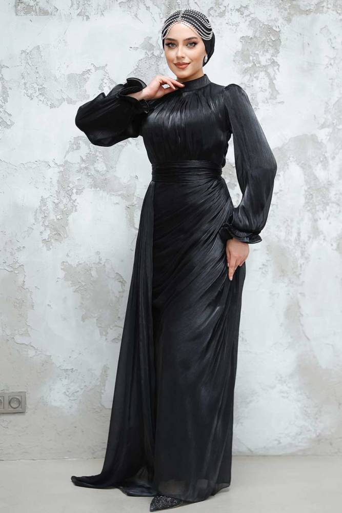 Tesettürlü Abiye Elbise - Drape Detaylı Siyah Tesettür Abiye Elbise 4934S - 4