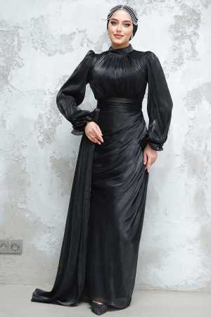 Tesettürlü Abiye Elbise - Drape Detaylı Siyah Tesettür Abiye Elbise 4934S - 5