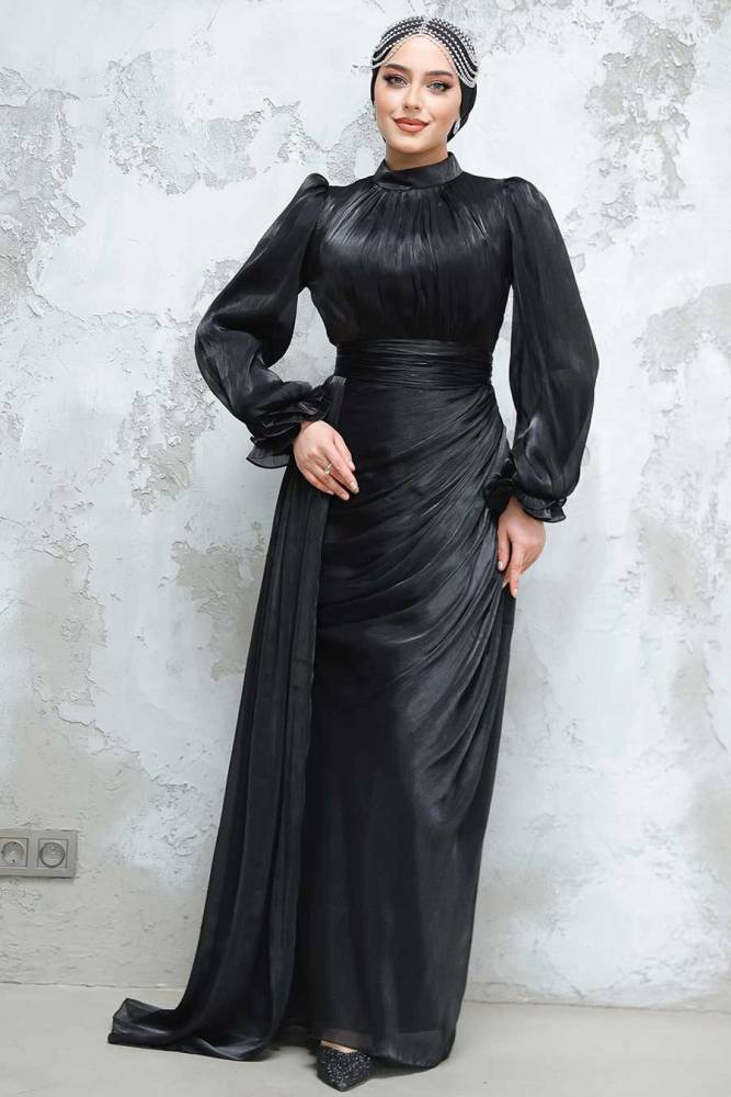 Tesettürlü Abiye Elbise - Drape Detaylı Siyah Tesettür Abiye Elbise 4934S - 5