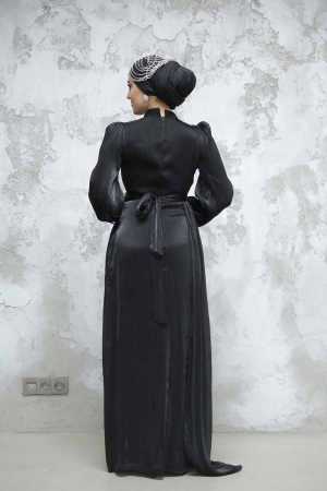Tesettürlü Abiye Elbise - Drape Detaylı Siyah Tesettür Abiye Elbise 4934S - 6
