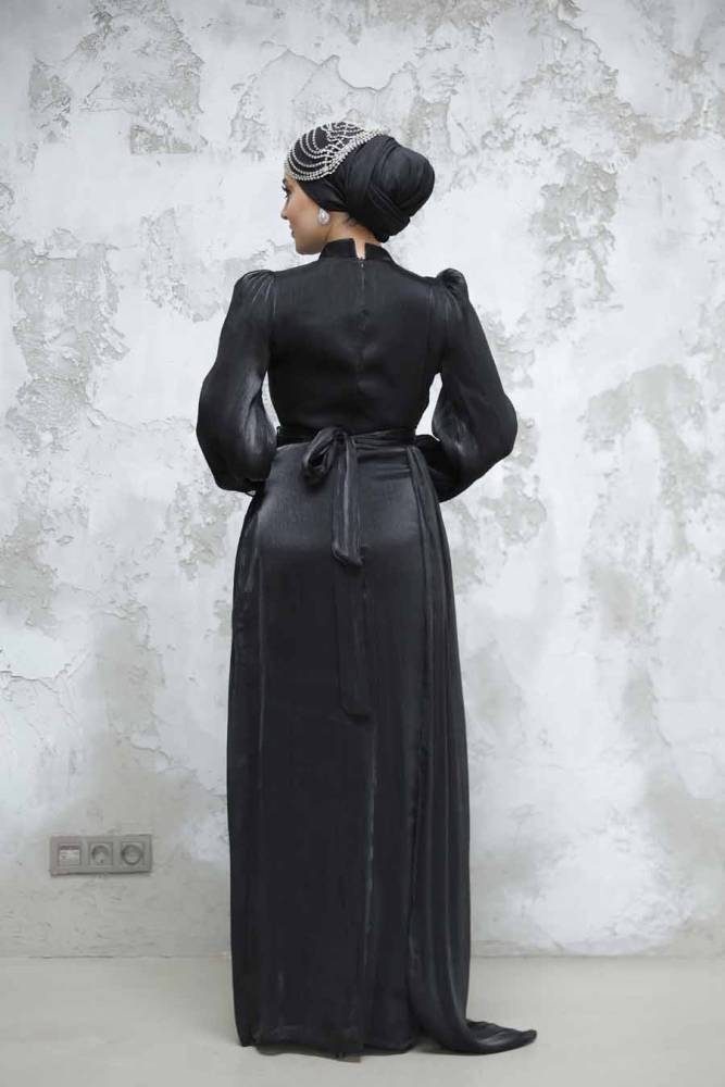 Tesettürlü Abiye Elbise - Drape Detaylı Siyah Tesettür Abiye Elbise 4934S - 6