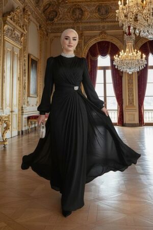 Tesettürlü Abiye Elbise - Drape Detaylı Siyah Tesettür Abiye Elbise 50581S - 1