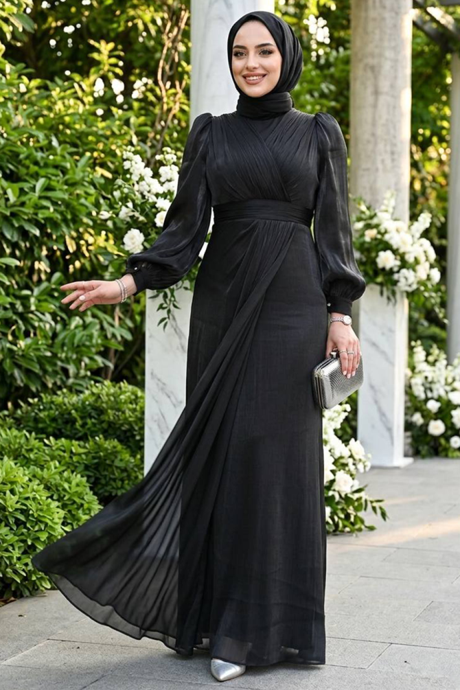Tesettürlü Abiye Elbise - Drape Detaylı Siyah Tesettür Abiye Elbise 50921S - 1