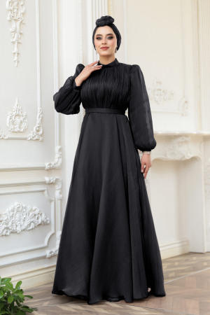 Tesettürlü Abiye Elbise - Drape Detaylı Siyah Tesettür Abiye Elbise 51072S - 1