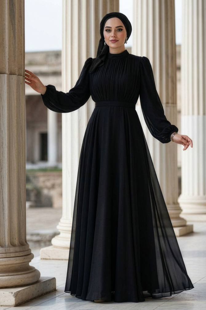 Tesettürlü Abiye Elbise - Drape Detaylı Siyah Tesettür Abiye Elbise 51072S - N.S NEVA STYLE