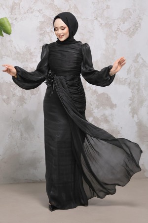 Tesettürlü Abiye Elbise - Drape Detaylı Siyah Tesettür Abiye Elbise 51203S - 1