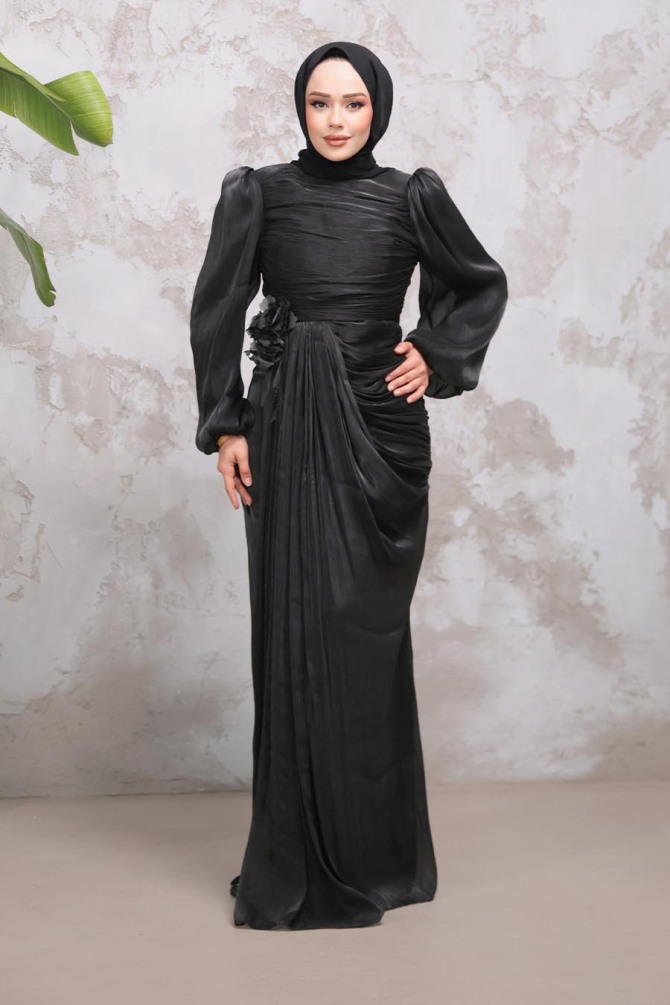 Tesettürlü Abiye Elbise - Drape Detaylı Siyah Tesettür Abiye Elbise 51203S - 2