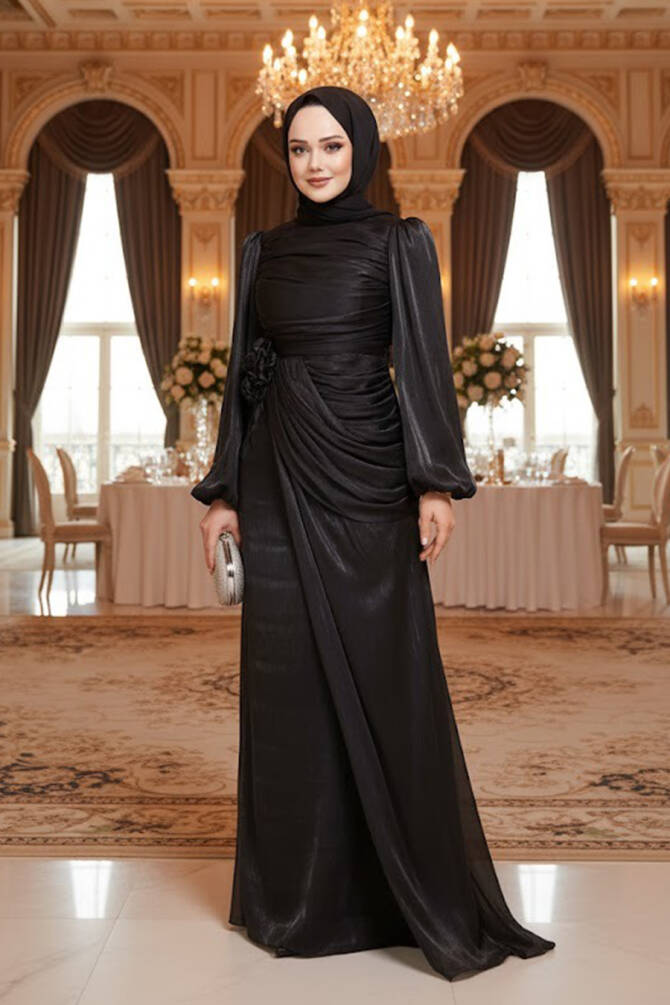 Tesettürlü Abiye Elbise - Drape Detaylı Siyah Tesettür Abiye Elbise 51203S - 1