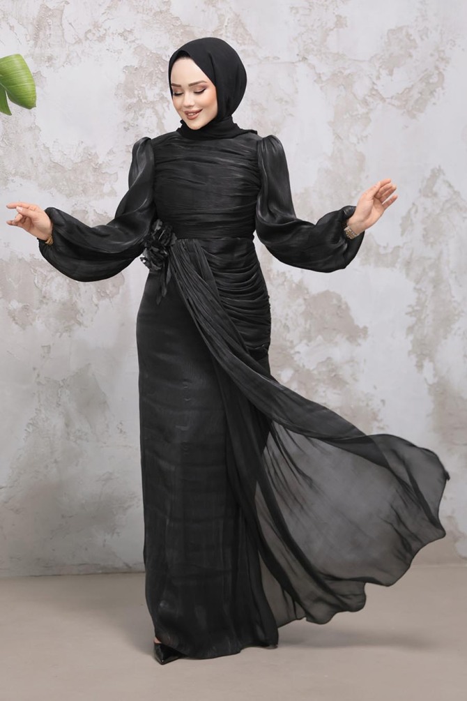Tesettürlü Abiye Elbise - Drape Detaylı Siyah Tesettür Abiye Elbise 51203S - TESETTÜRLÜ ABİYE ELBİSELER