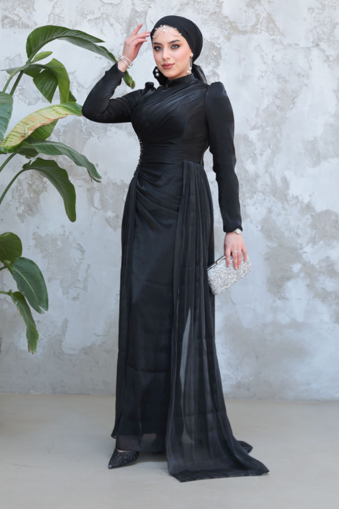 Tesettürlü Abiye Elbise - Drape Detaylı Siyah Tesettür Abiye Elbise 51481S - 2