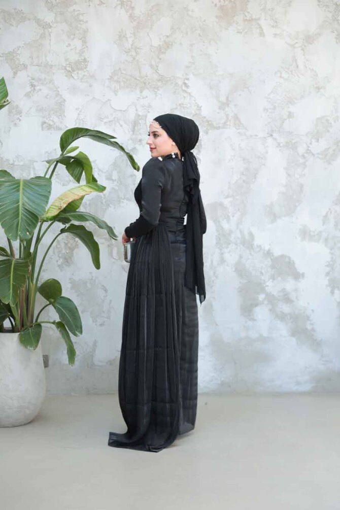 Tesettürlü Abiye Elbise - Drape Detaylı Siyah Tesettür Abiye Elbise 51481S - 3