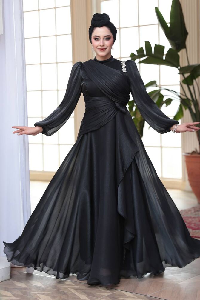 Tesettürlü Abiye Elbise - Drape Detaylı Siyah Tesettür Abiye Elbise 51641S - 2