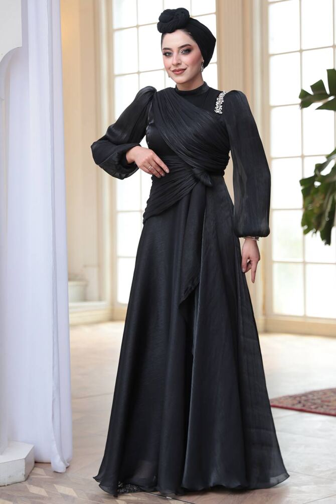 Tesettürlü Abiye Elbise - Drape Detaylı Siyah Tesettür Abiye Elbise 51641S - 3