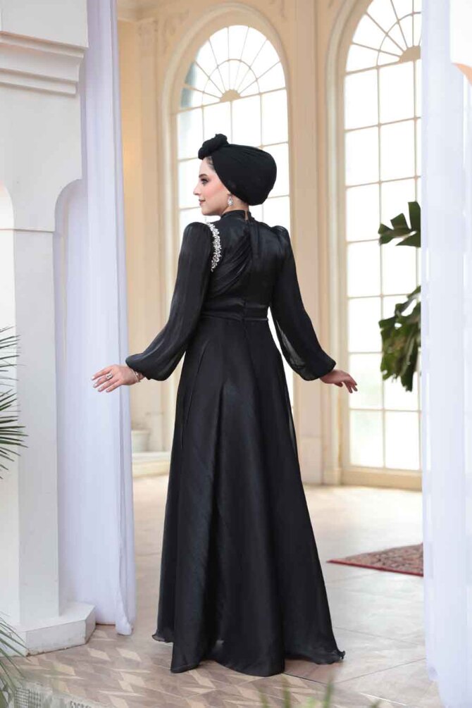 Tesettürlü Abiye Elbise - Drape Detaylı Siyah Tesettür Abiye Elbise 51641S - 4
