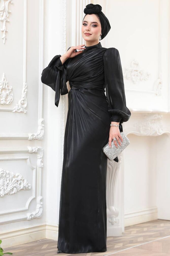 Tesettürlü Abiye Elbise - Drape Detaylı Siyah Tesettür Abiye Elbise 52285S - 3
