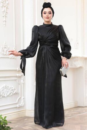 Tesettürlü Abiye Elbise - Drape Detaylı Siyah Tesettür Abiye Elbise 52285S - 2