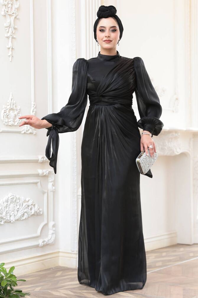 Tesettürlü Abiye Elbise - Drape Detaylı Siyah Tesettür Abiye Elbise 52285S - 2