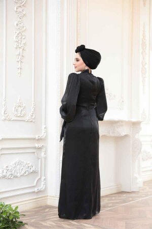 Tesettürlü Abiye Elbise - Drape Detaylı Siyah Tesettür Abiye Elbise 52285S - 4