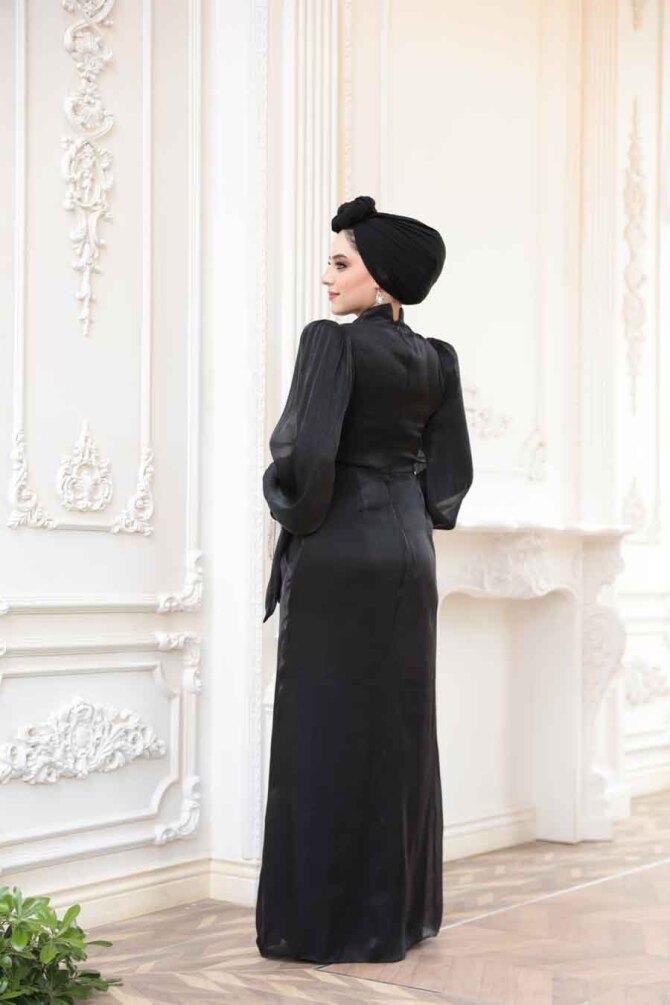 Tesettürlü Abiye Elbise - Drape Detaylı Siyah Tesettür Abiye Elbise 52285S - 4