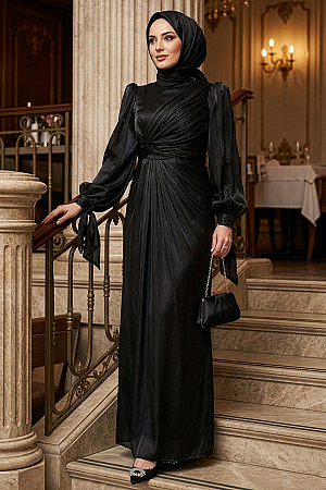 Tesettürlü Abiye Elbise - Drape Detaylı Siyah Tesettür Abiye Elbise 52285S 