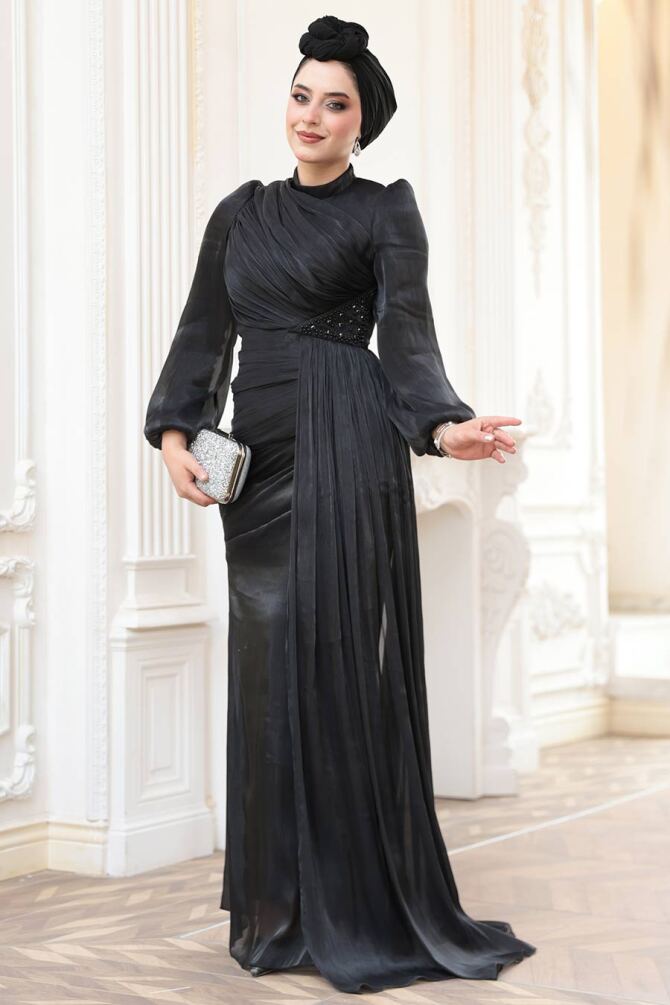 Tesettürlü Abiye Elbise - Drape Detaylı Siyah Tesettür Abiye Elbise 52585S - 1