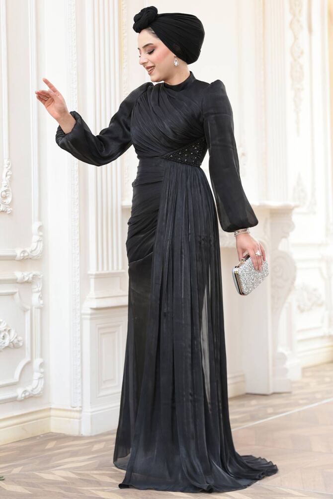 Tesettürlü Abiye Elbise - Drape Detaylı Siyah Tesettür Abiye Elbise 52585S - 4