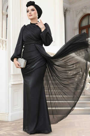 Tesettürlü Abiye Elbise - Drape Detaylı Siyah Tesettür Abiye Elbise 52585S 
