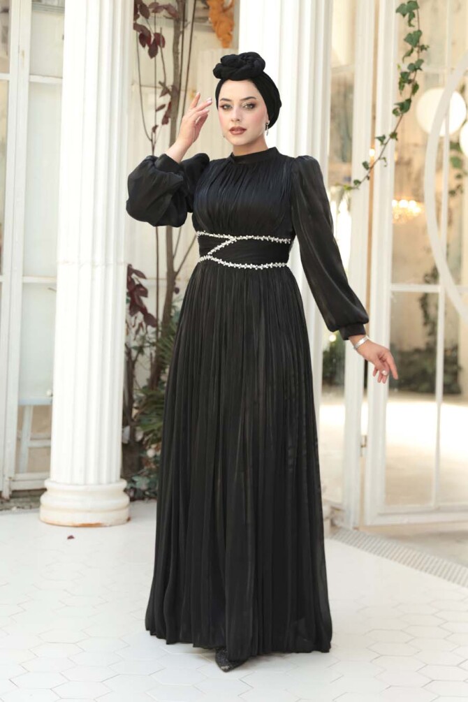 Tesettürlü Abiye Elbise - Drape Detaylı Siyah Tesettür Abiye Elbise 54041S - 2