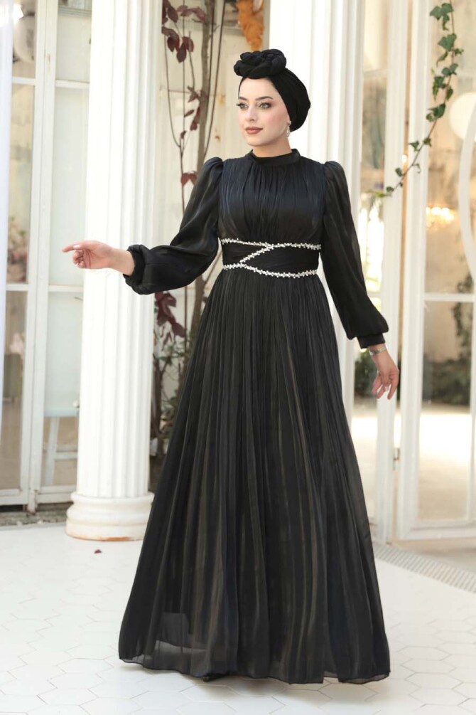 Tesettürlü Abiye Elbise - Drape Detaylı Siyah Tesettür Abiye Elbise 54041S - 3