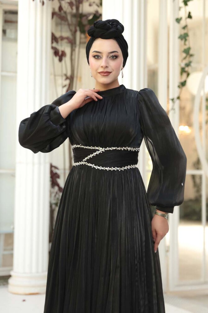 Tesettürlü Abiye Elbise - Drape Detaylı Siyah Tesettür Abiye Elbise 54041S - 4