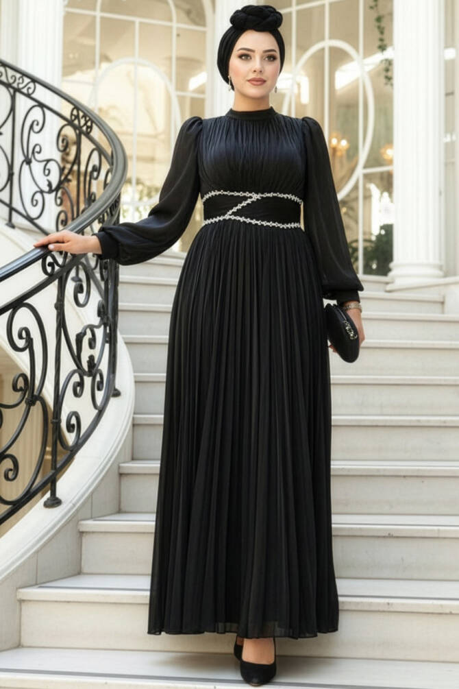 Tesettürlü Abiye Elbise - Drape Detaylı Siyah Tesettür Abiye Elbise 54041S - 1