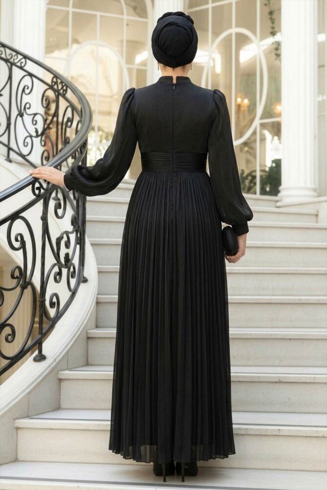 Tesettürlü Abiye Elbise - Drape Detaylı Siyah Tesettür Abiye Elbise 54041S - 2