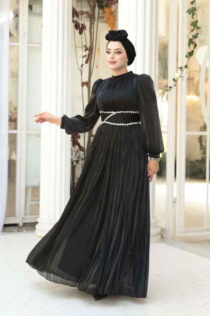 Tesettürlü Abiye Elbise - Drape Detaylı Siyah Tesettür Abiye Elbise 54041S - N.S NEVA STYLE